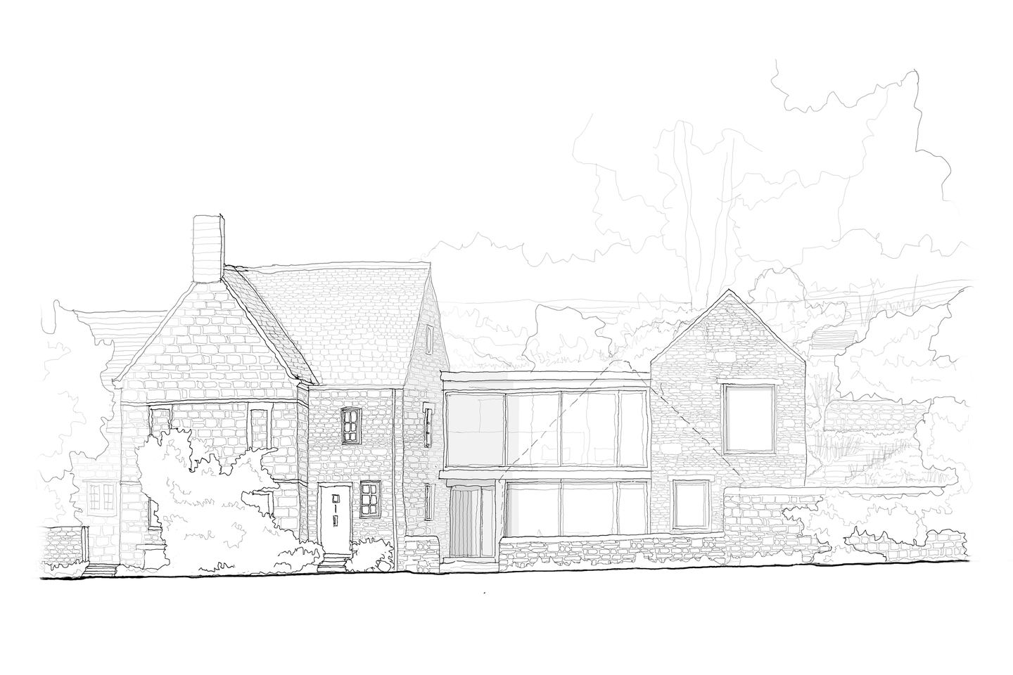 Cotswold Cottage Extension hand-drawn elevation showing the listed cottage, glazed zinc-clad link and new stone gable